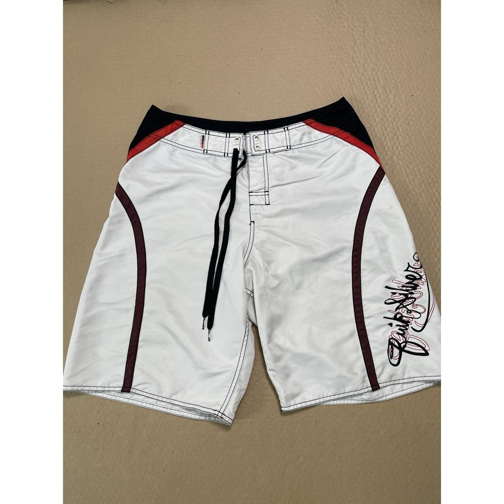 Vintage Y2K Quicksilver White Red Black Embroidered Board Shorts Swim Size 32